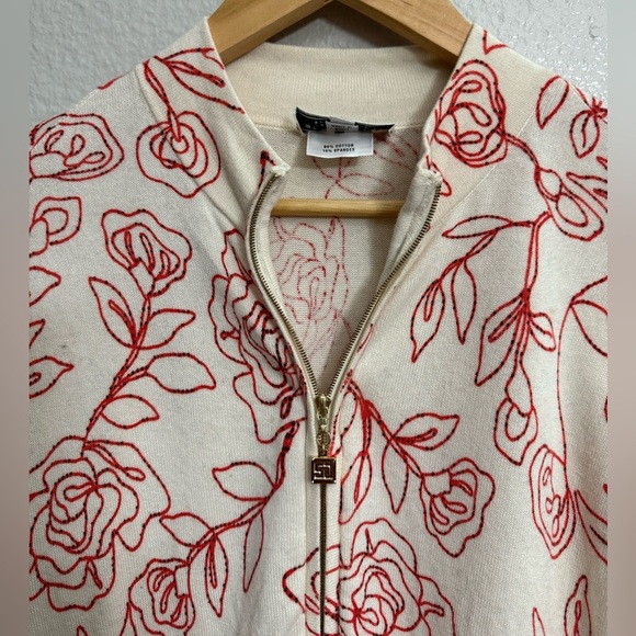 St. John Sport by Marie Gray Red Floral Zip Up Sweater - Picture 5 of 9